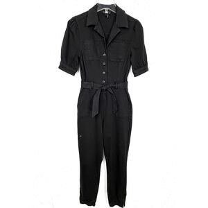 Paige Mayslie Denim Utility Jumpsuit Collar Puff Sleeves Elastic Cuffs Black 4